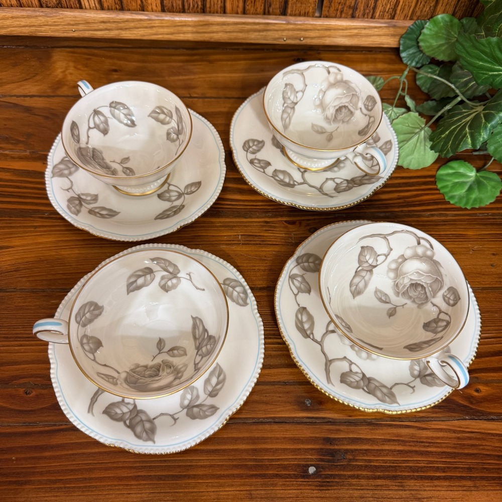 Castleton China Gloria Tea Cup Saucer Set 4 White Gray Blue Gold Good Vintage